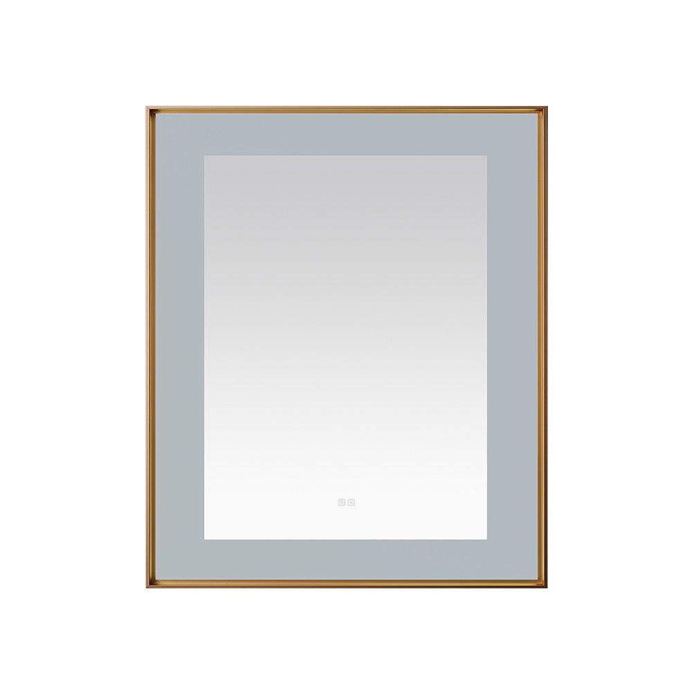 The Lexington 30 inch x 36 inch LED Lighted Slim Frame Mirror has a thin gold frame and frosted border, set against a plain white background.