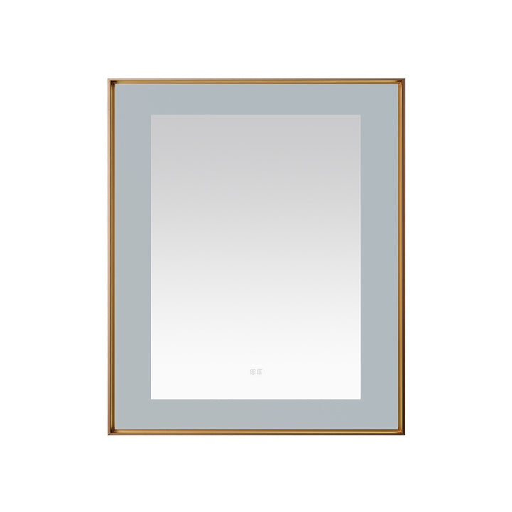 The Lexington 30 inch x 36 inch LED Lighted Slim Frame Mirror has a thin gold frame and frosted border, set against a plain white background.