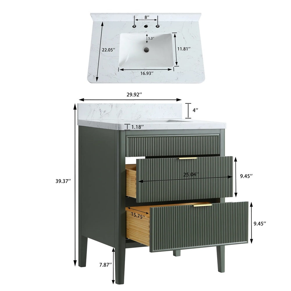The Aveline 30 Inch Freestanding Bathroom Vanity With Top includes a white countertop and rectangular sink with two open drawers. Black arrows and inch measurements show the vanity, drawer, and sink dimensions.