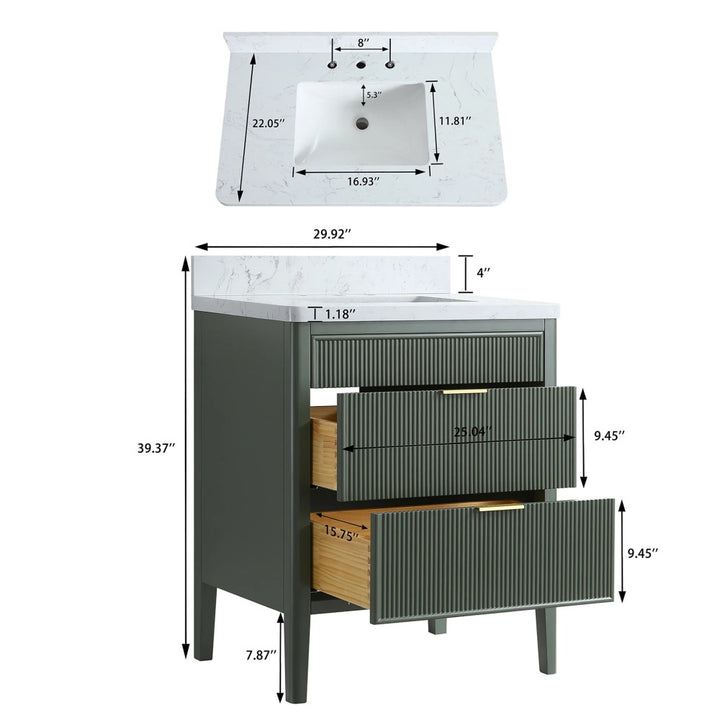 The Aveline 30 Inch Freestanding Bathroom Vanity With Top includes a white countertop and rectangular sink with two open drawers. Black arrows and inch measurements show the vanity, drawer, and sink dimensions.
