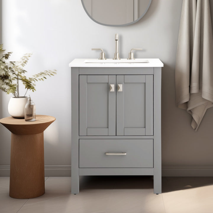 Alya Bath Vanea 24" Single Sink Freestanding Bathroom Vanity in Gray with White Quartz Top | ANVE Kitchen &amp; Bath