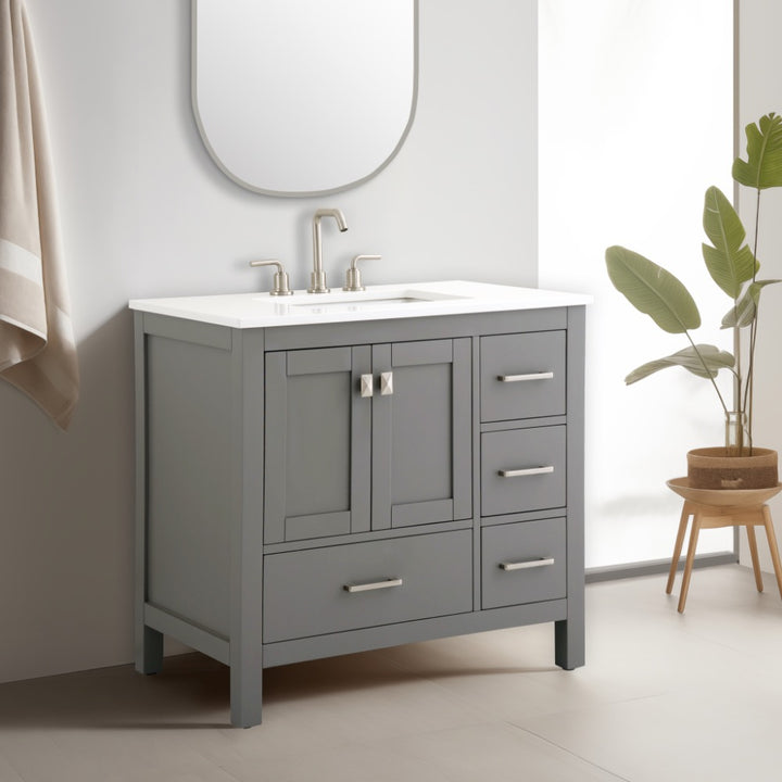 Vanea 36" Single Sink Freestanding Bathroom Vanity in Gray with White Quartz Top