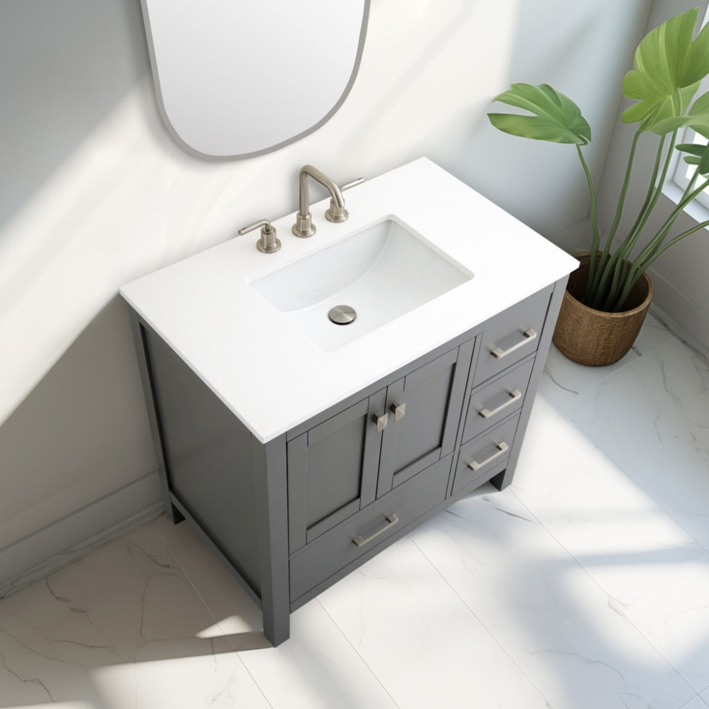 Vanea 36" Single Sink Freestanding Bathroom Vanity in Gray with White Quartz Top