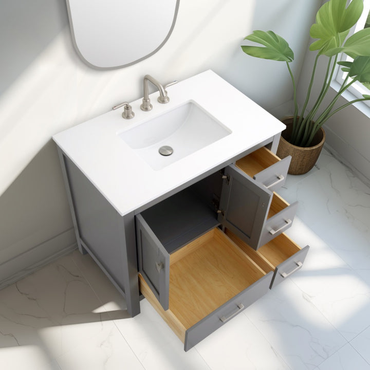 Vanea 36" Single Sink Freestanding Bathroom Vanity in Gray with White Quartz Top