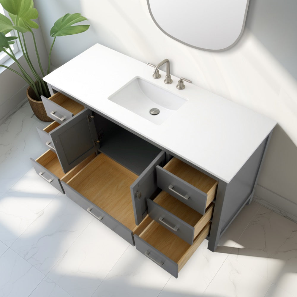 The Vanea 60 inch Single Bathroom Vanity in Gray with White Quartz Top has all drawers and doors open, while sunlight brightens a nearby potted plant on the tiled floor for a fresh, airy atmosphere.