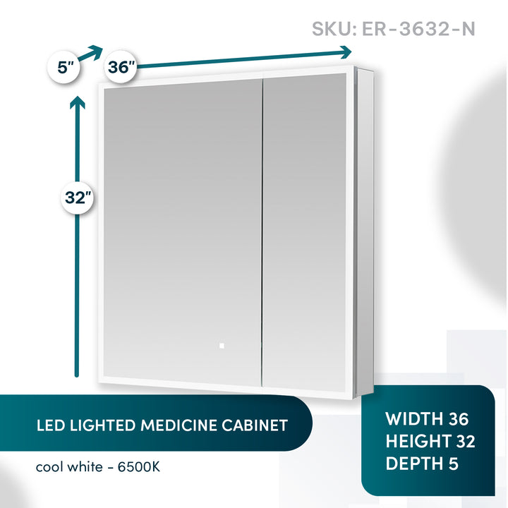 Edge Royale 36" x 32" LED Lighted Double Door Medicine Cabinet