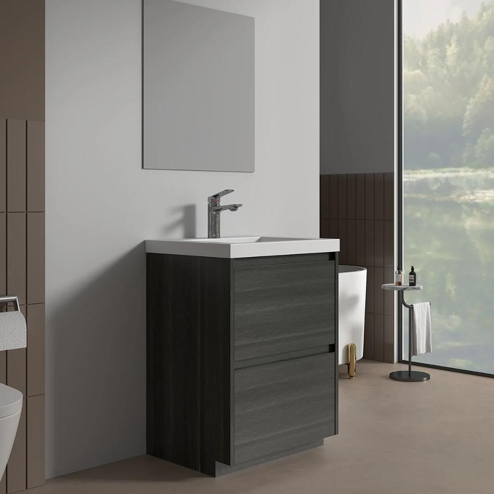 A modern bathroom showcases the Arvia 24 inch Bathroom Vanity with Sink, a wall-mounted faucet, large mirror, and a freestanding tub by a tall window with green views. Minimalist decor and neutral tones complete the look.