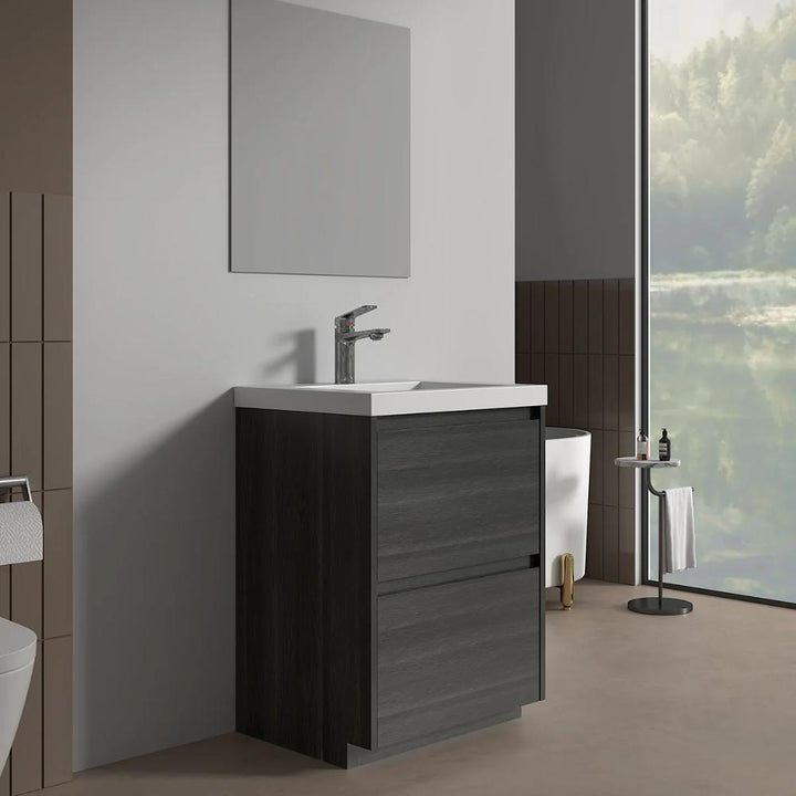 A modern bathroom showcases the Arvia 24 inch Bathroom Vanity with Sink, a wall-mounted faucet, large mirror, and a freestanding tub by a tall window with green views. Minimalist decor and neutral tones complete the look.