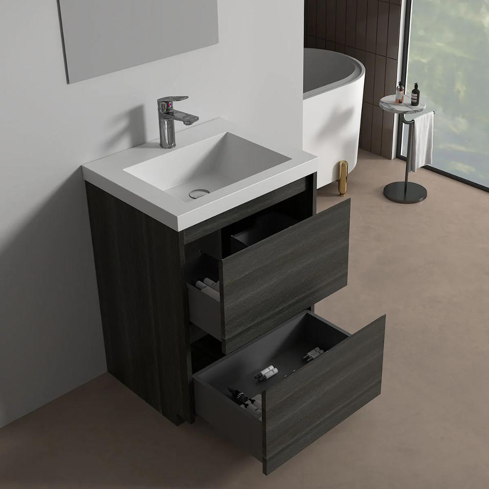 The Arvia 24 inch Bathroom Vanity with Sink features a modern design, white sink and faucet, and two open drawers with storage. Behind it, you&
