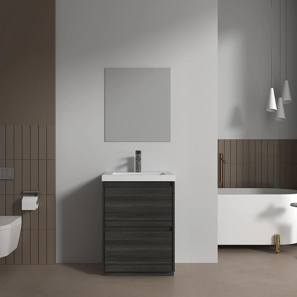 A modern bathroom featuring the Arvia 24 inch Bathroom Vanity with Sink, a square mirror above, brown and white walls, wall-mounted toilet, toilet paper holder, white bathtub with gold faucet, and two white pendant lights.