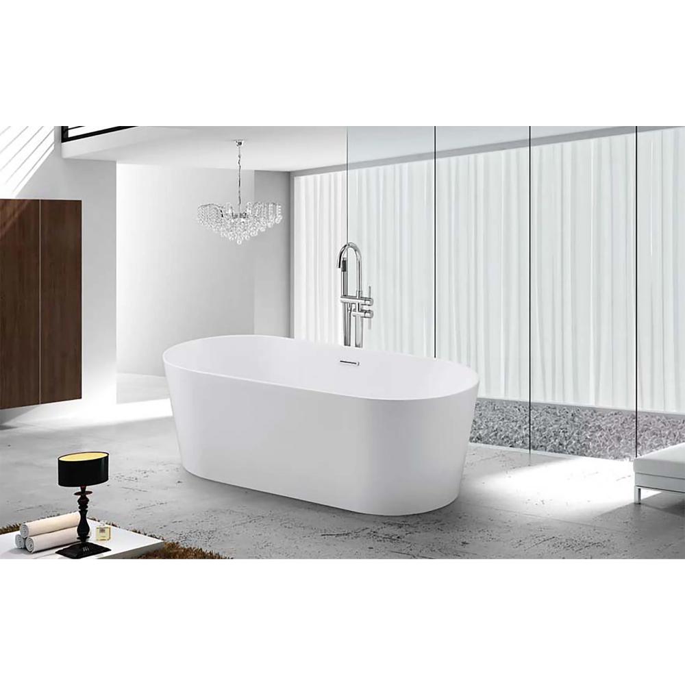 A modern bathroom with the elegant Luma Freestanding Bathtub, a floor-mounted faucet, glass wall, and crystal chandelier. Minimalist light tones and sleek design elements create a luxurious atmosphere.