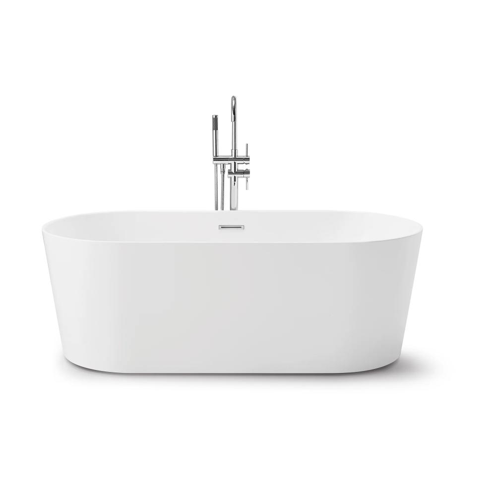 The Luma Freestanding Bathtub features rounded edges and a sleek chrome floor-mounted faucet, showcased against a plain white background.
