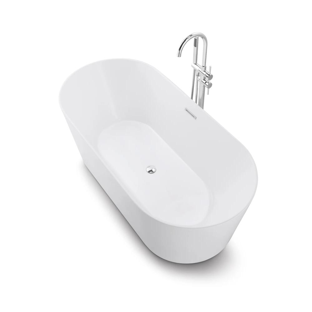 The Luma Freestanding Bathtub features a modern white oval design with a smooth finish and a chrome floor-mounted faucet, shown from an angled top-down view.