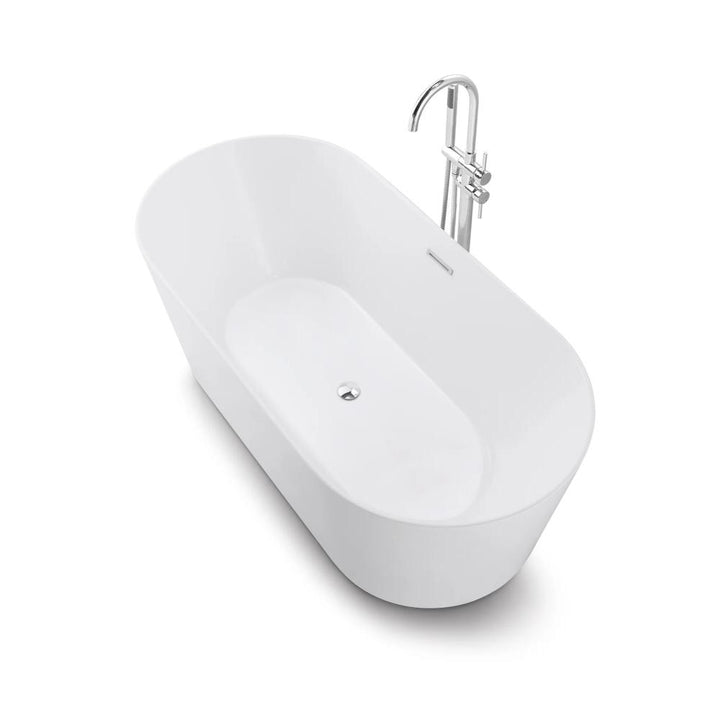 The Luma Freestanding Bathtub features a modern white oval design with a smooth finish and a chrome floor-mounted faucet, shown from an angled top-down view.
