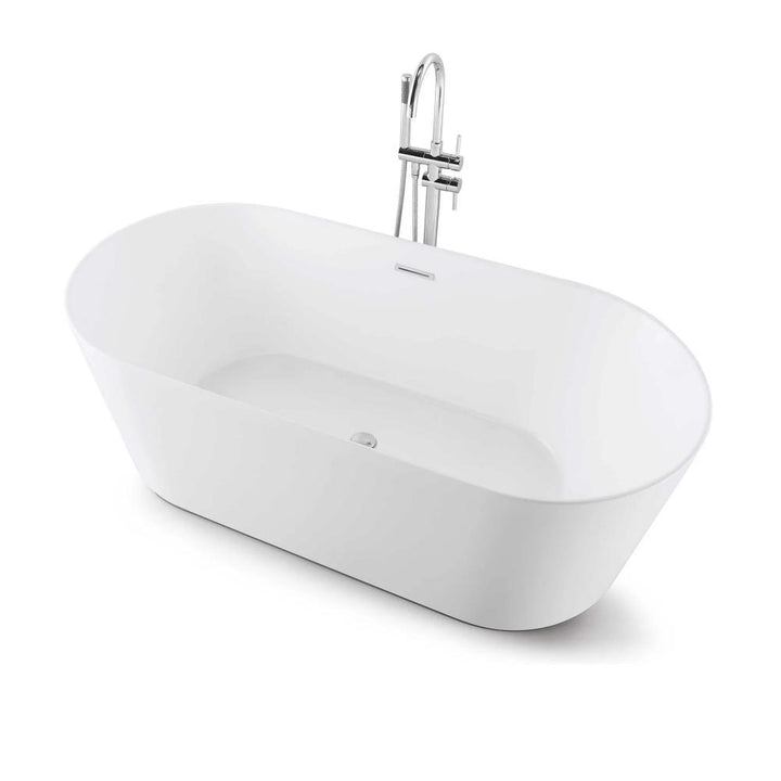 The Luma Freestanding Bathtub in white boasts elegant curved edges and a stylish chrome floor-mounted faucet.