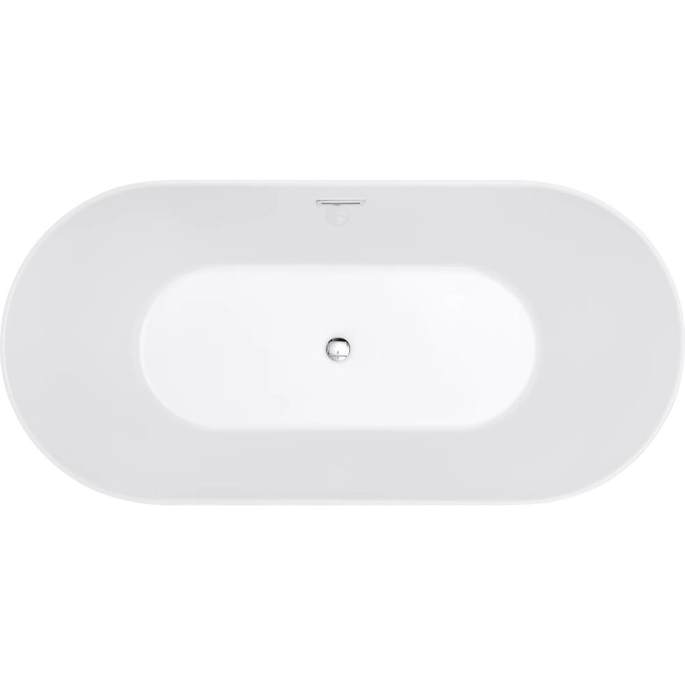 Top view of the Luma Freestanding Bathtub, featuring an empty, oval design with a smooth surface, central drain, and a small overflow hole near one end.