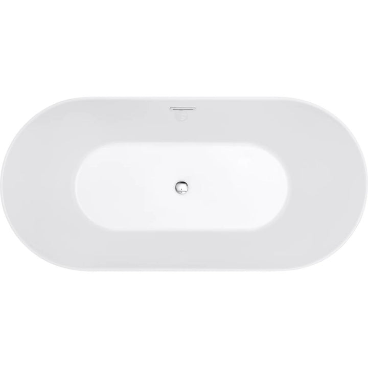 Top view of the Luma Freestanding Bathtub, featuring an empty, oval design with a smooth surface, central drain, and a small overflow hole near one end.