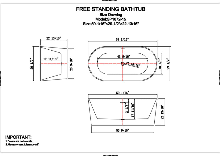60" Acrylic Freestanding Bathtub in Matte White, Acrylic Bt 03
