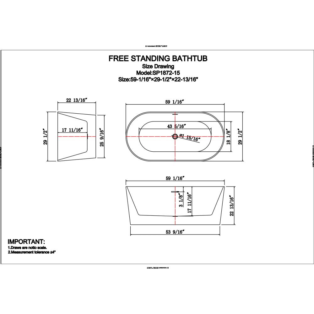 Technical drawing of the Luma Freestanding Bathtub showing top, front, and side views with labeled dimensions: length 59-1/16", width 29-1/2", height 22-13/16". Includes size tolerances.