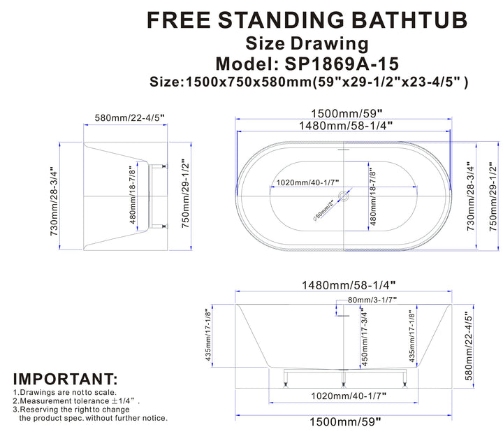 60" Acrylic Freestanding Bathtub in Matte White, Acrylic Sp 1869