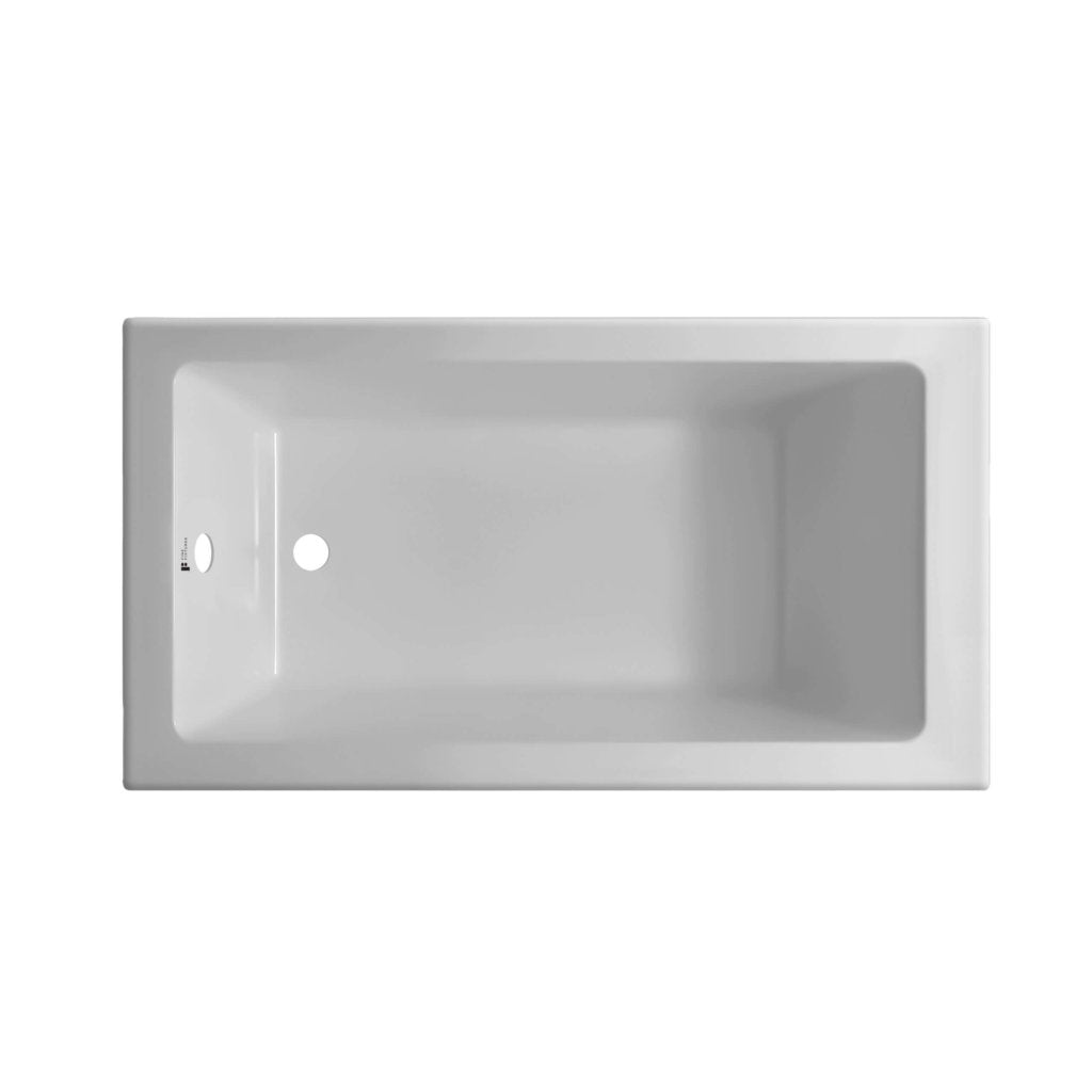 A top view of a rectangular Drop In Bathtubs in white, featuring a drain hole and overflow on the left side, set against a plain white background.