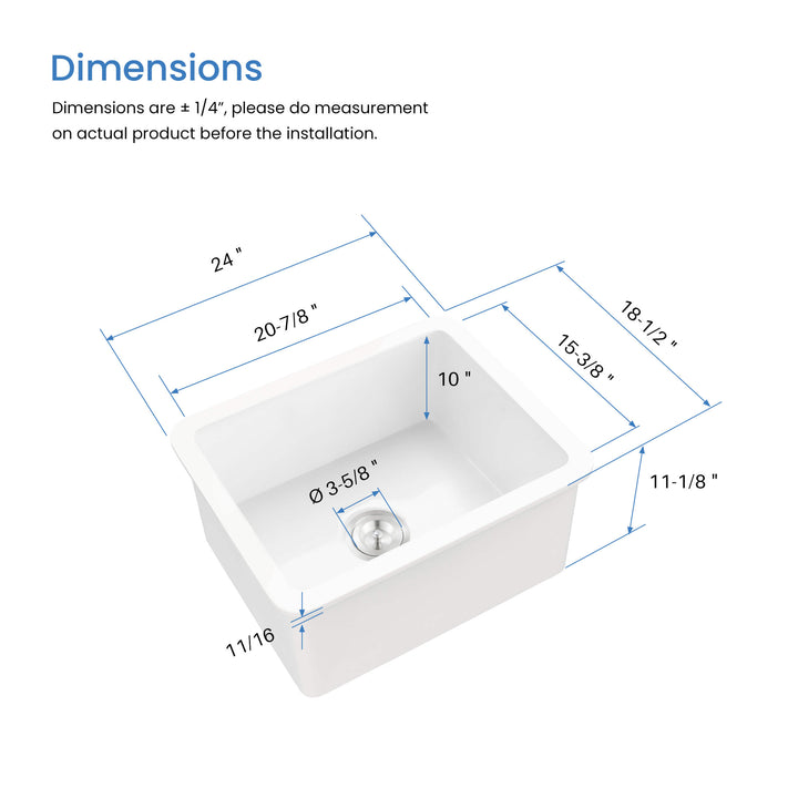 Nova 24" Single Bowl Undermount Fireclay Kitchen Sink