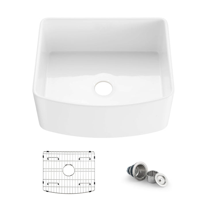 Nova 24" Curved Apron Front Single Bowl Fireclay Farmhouse Kitchen Sink | ANVE Kitchen &amp; Bath