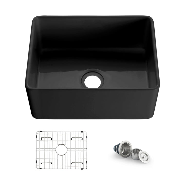 Nova 24" Single Bowl Fireclay Farmhouse Kitchen Sink in Matte Black | ANVE Kitchen &amp; Bath