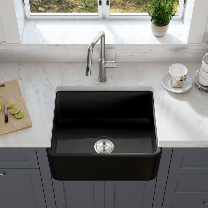 Nova 24" Single Bowl Fireclay Farmhouse Kitchen Sink in Matte Black