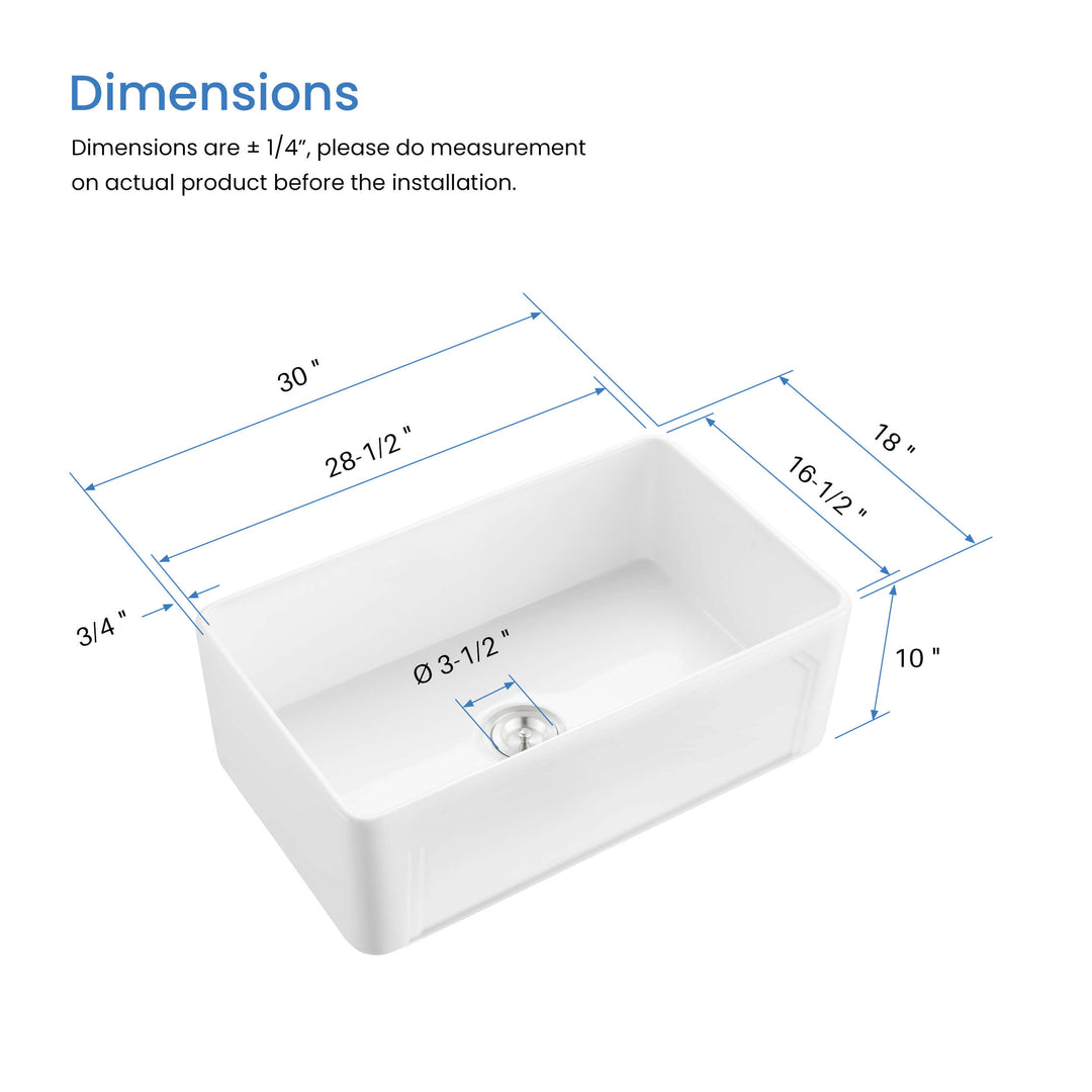 Nova 30" Reversible Single Bowl Fireclay Farmhouse Kitchen Sink