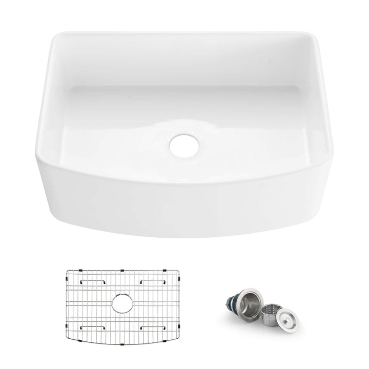 Nova 30" Curved Apron Front Single Bowl Fireclay Farmhouse Kitchen Sink | ANVE Kitchen &amp; Bath
