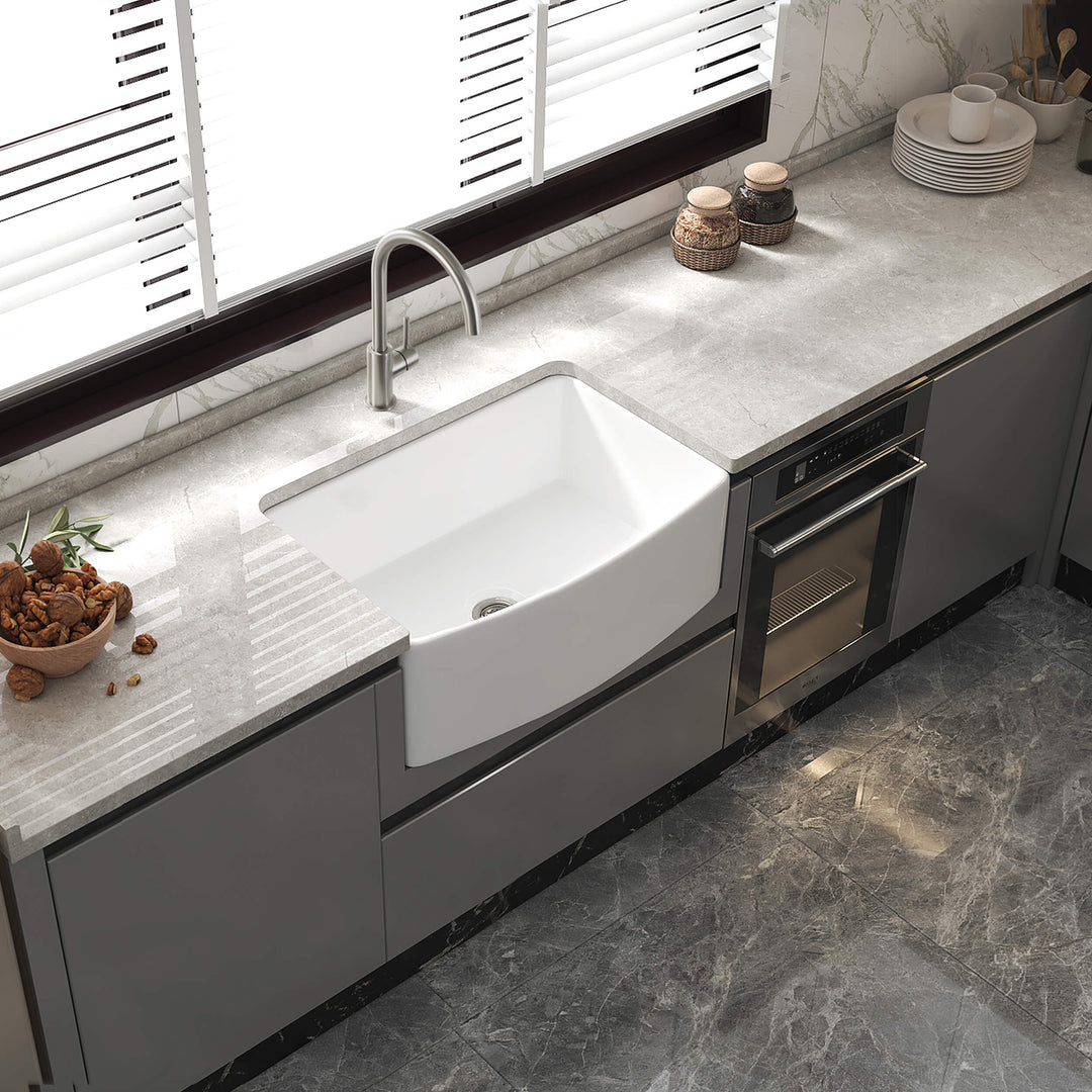Nova 30" Curved Apron Front Single Bowl Fireclay Farmhouse Kitchen Sink