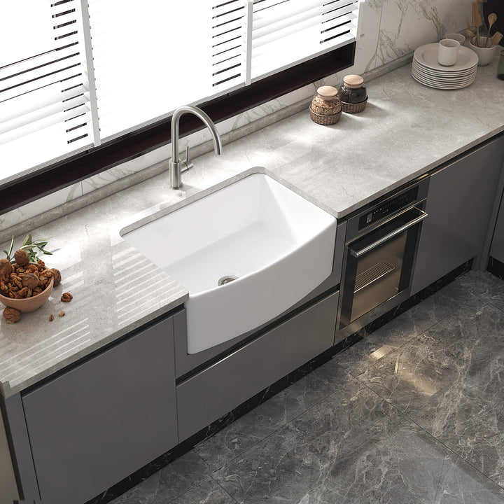 Nova 30" Curved Apron Front Single Bowl Fireclay Farmhouse Kitchen Sink