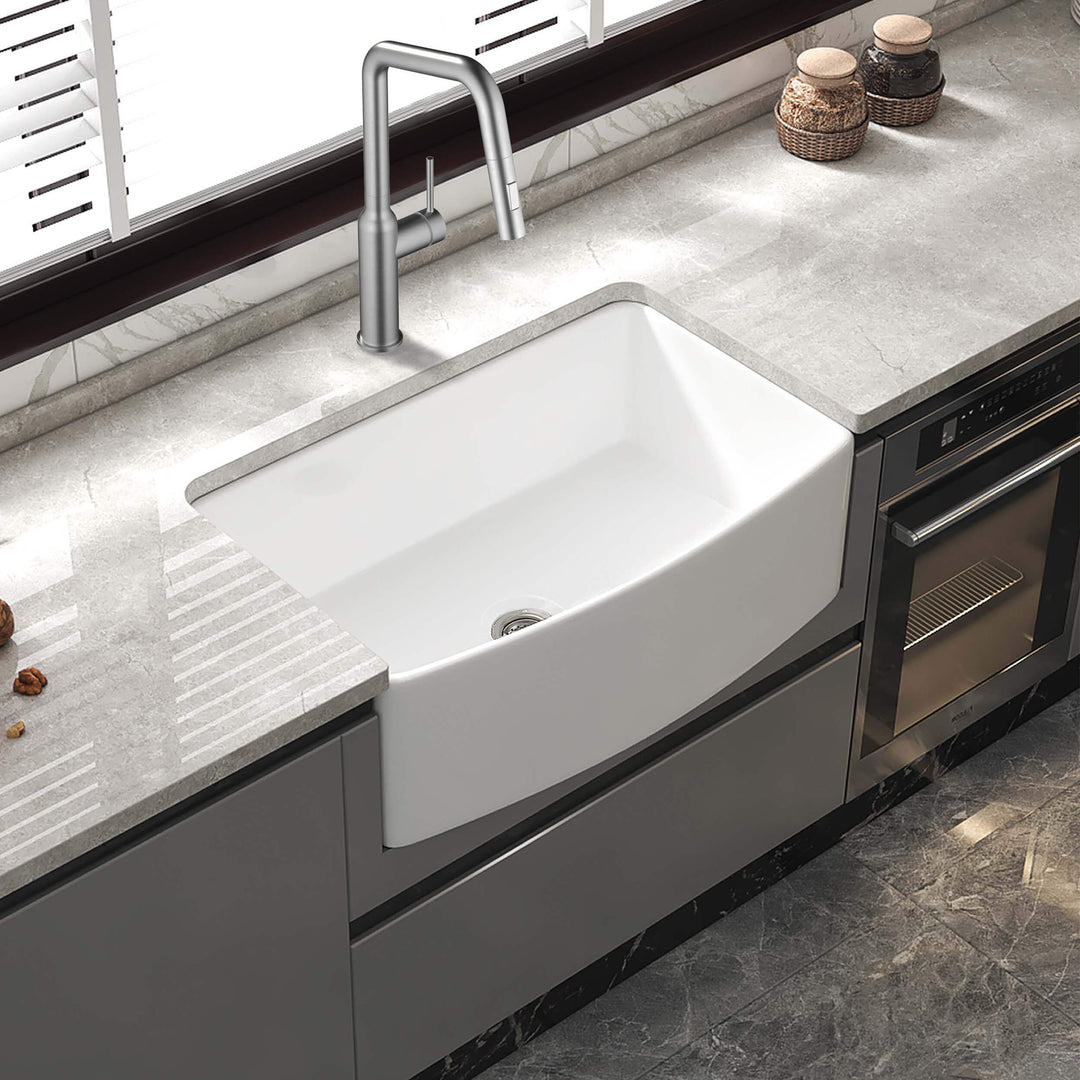 Nova 30" Curved Apron Front Single Bowl Fireclay Farmhouse Kitchen Sink