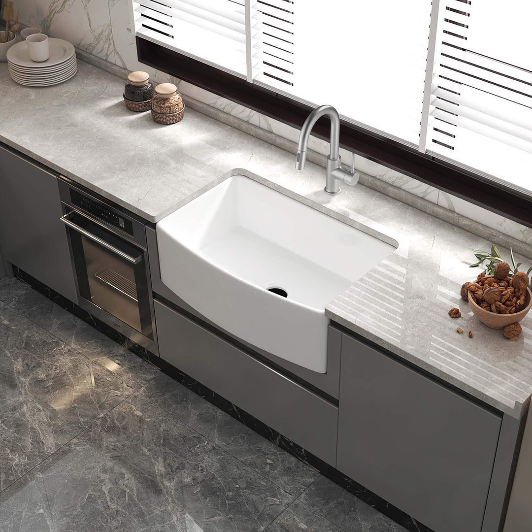 Nova 30" Curved Apron Front Single Bowl Fireclay Farmhouse Kitchen Sink