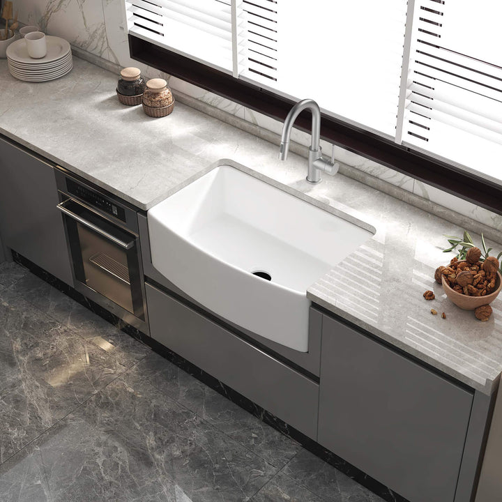Nova 30" Curved Apron Front Single Bowl Fireclay Farmhouse Kitchen Sink