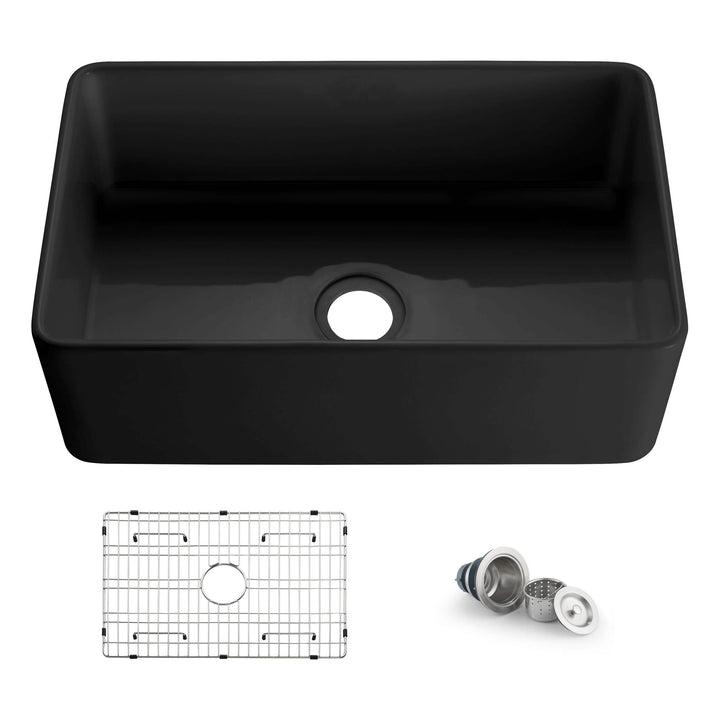 Nova 30" Single Bowl Fireclay Farmhouse Kitchen Sink in Matte Black | ANVE Kitchen &amp; Bath