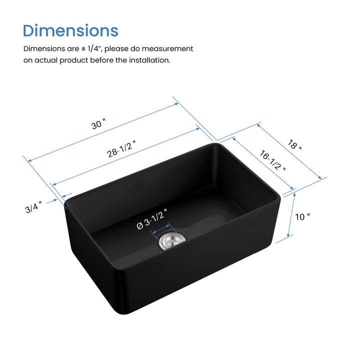 Nova 30" Single Bowl Fireclay Farmhouse Kitchen Sink in Matte Black