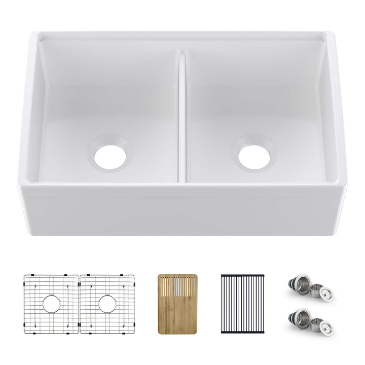 33" Double Bowl Fireclay Farmhouse Workstation Kitchen Sink | ANVE Kitchen &amp; Bath