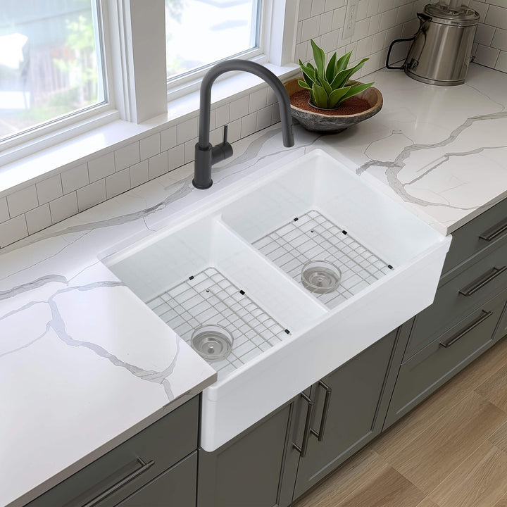 33" Double Bowl Fireclay Farmhouse Workstation Kitchen Sink