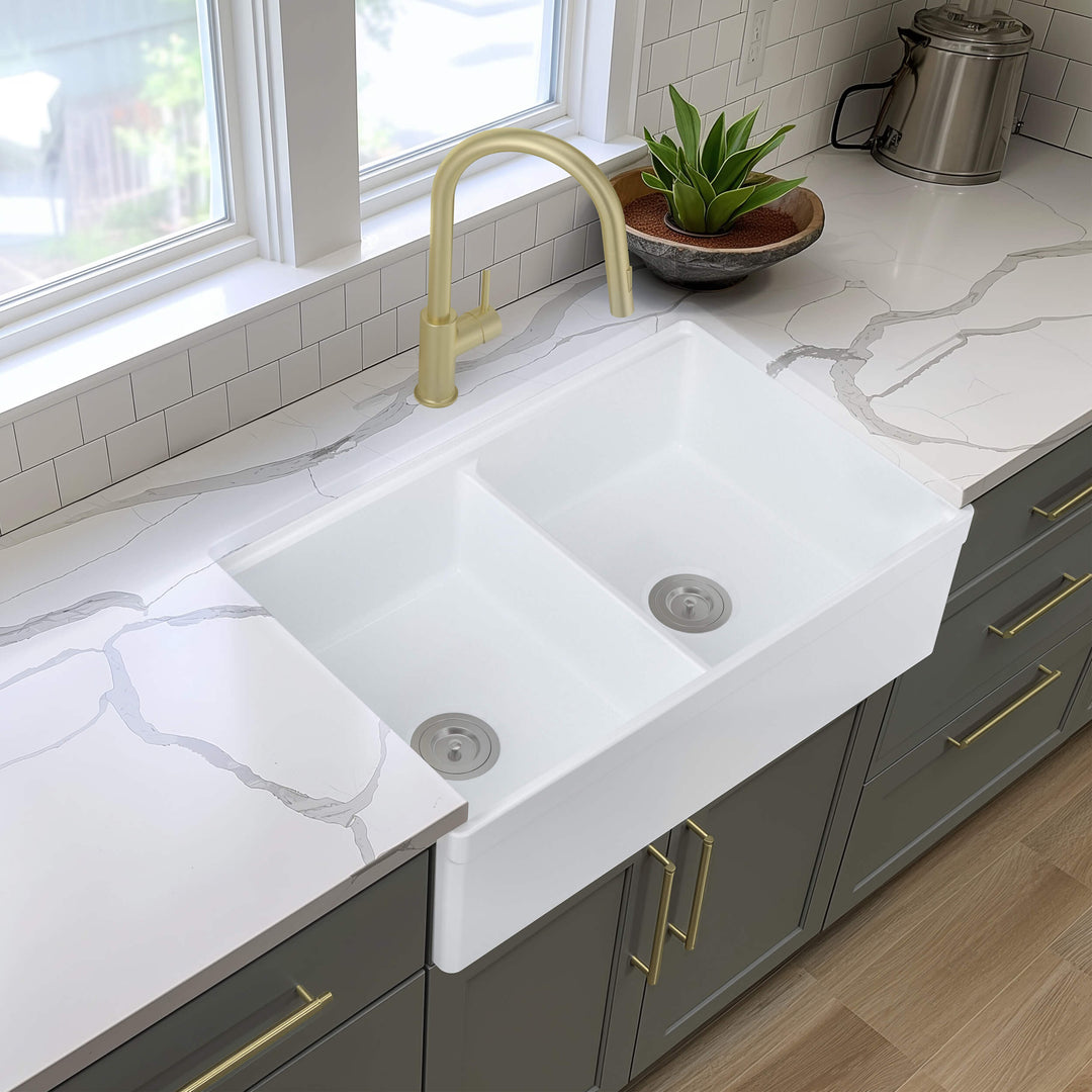 33" Double Bowl Fireclay Farmhouse Workstation Kitchen Sink