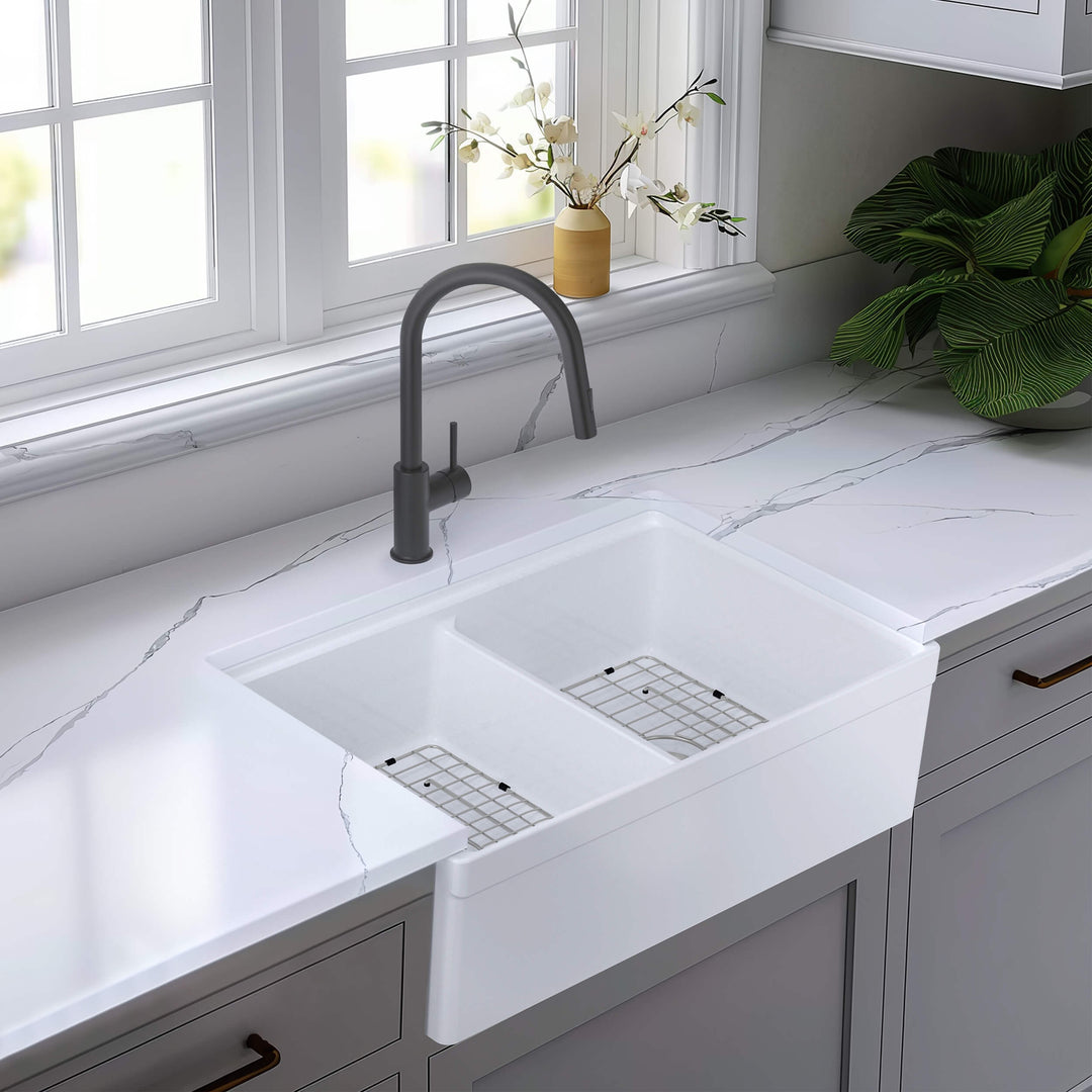 33" Double Bowl Fireclay Farmhouse Workstation Kitchen Sink