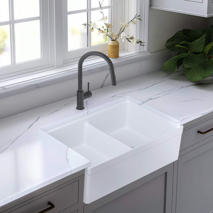 33" Double Bowl Fireclay Farmhouse Workstation Kitchen Sink