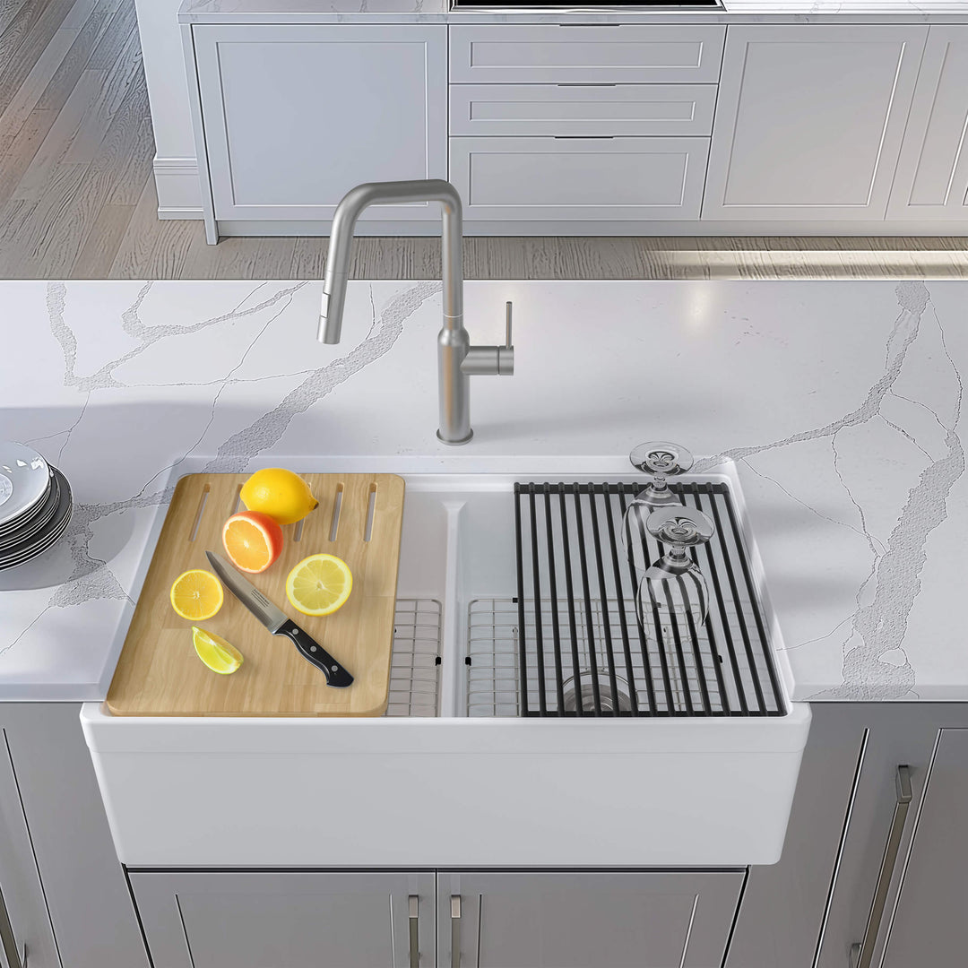 33" Double Bowl Fireclay Farmhouse Workstation Kitchen Sink