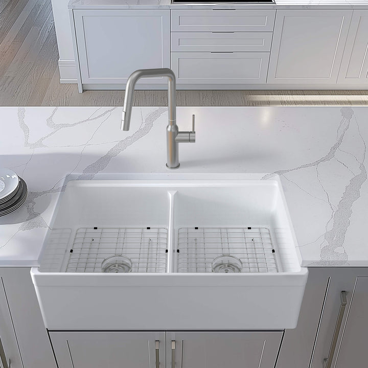33" Double Bowl Fireclay Farmhouse Workstation Kitchen Sink