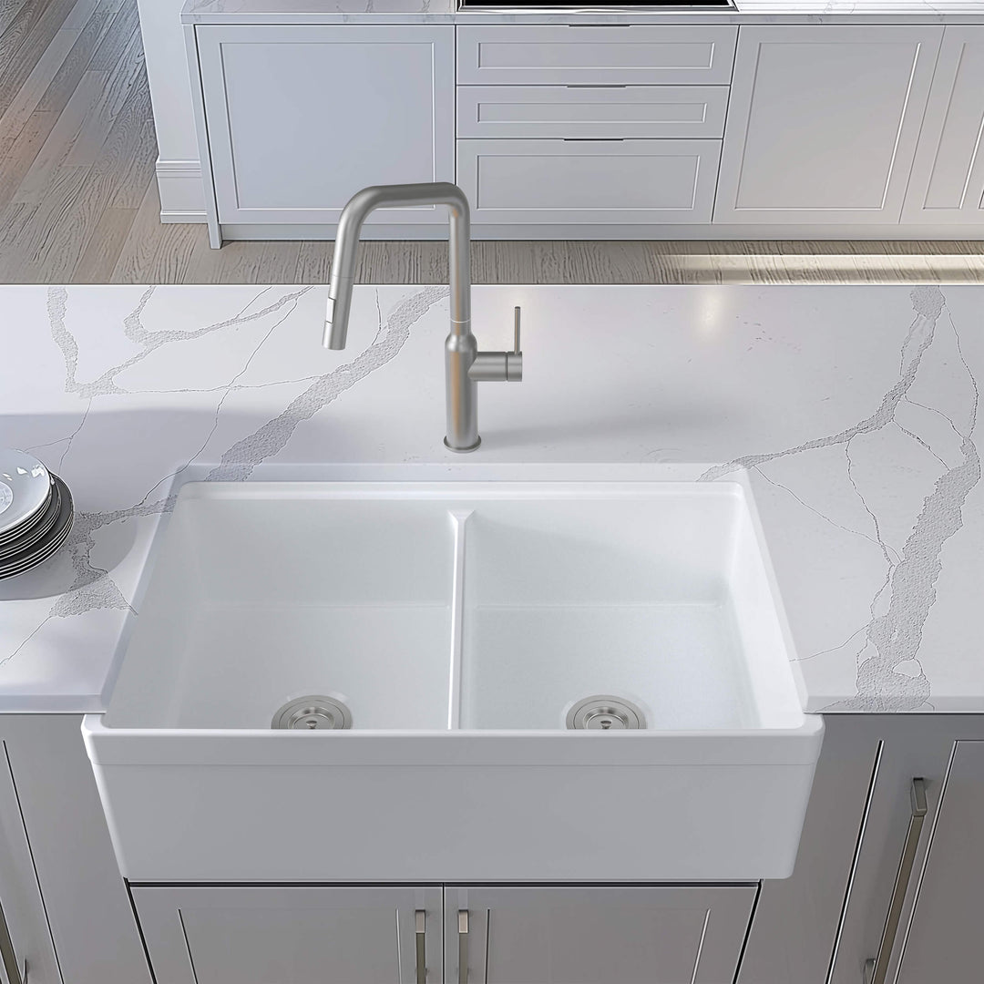 33" Double Bowl Fireclay Farmhouse Workstation Kitchen Sink