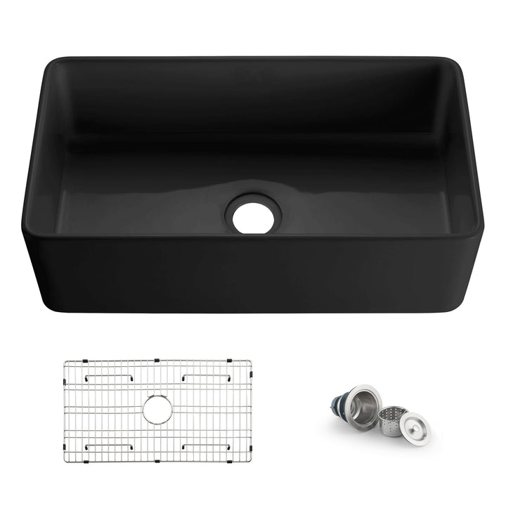 Nova 33" Single Bowl Fireclay Farmhouse Kitchen Sink in Matte Black | ANVE Kitchen &amp; Bath