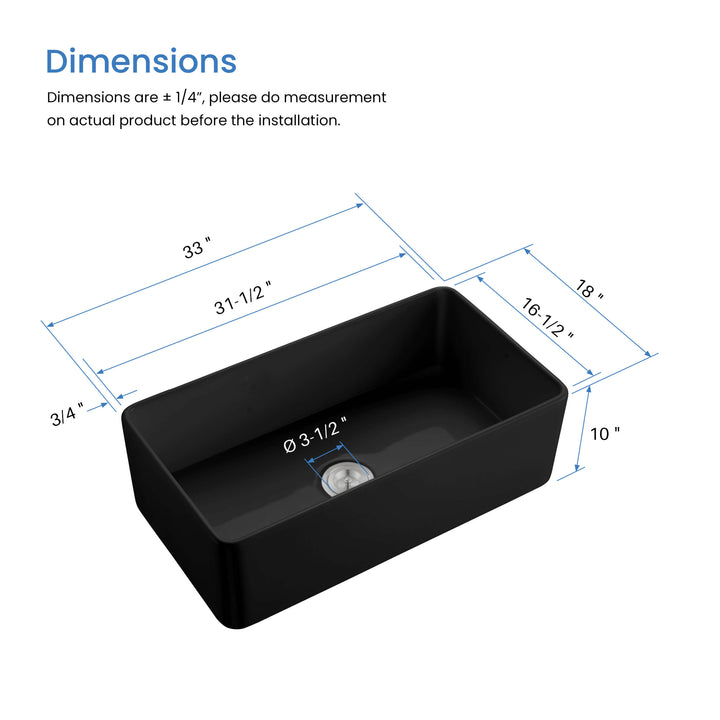 Nova 33" Single Bowl Fireclay Farmhouse Kitchen Sink in Matte Black
