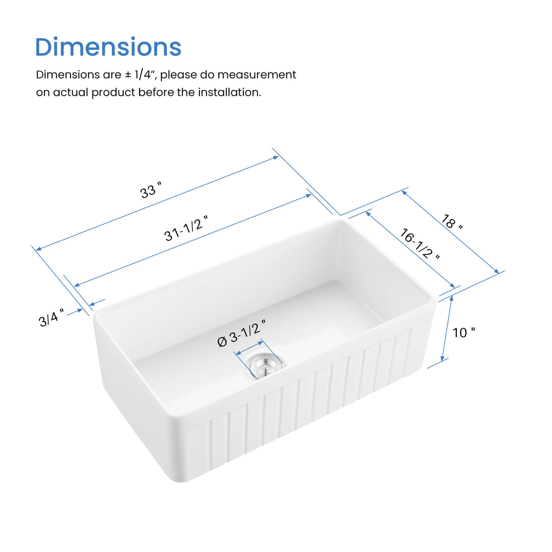 Nova 33" Reversible Single Bowl Fireclay Farmhouse Kitchen Sink