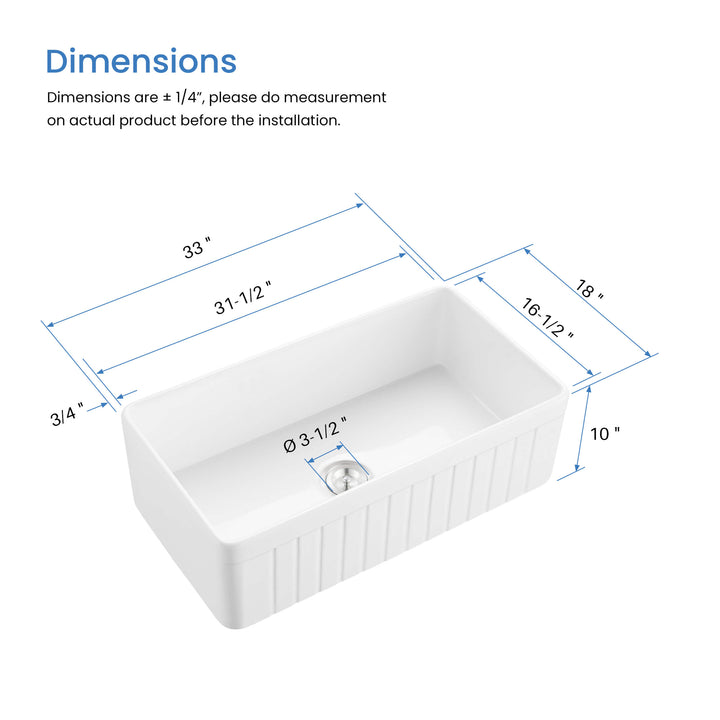 Nova 33" Reversible Single Bowl Fireclay Farmhouse Kitchen Sink